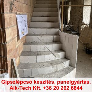 gipszlepcso-keszites-lepesenkent-ket-vegen-ivelt-18 Gipszlépcső készítése lépésről lépésre, két végen ívelt kialakítással, befejező simításnál.