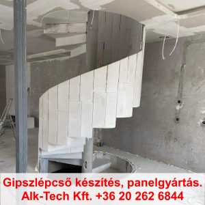 Szerkezetkész csigalépcső gipszlépcső panelrendszerből, ívelt lépcsőszerkezettel