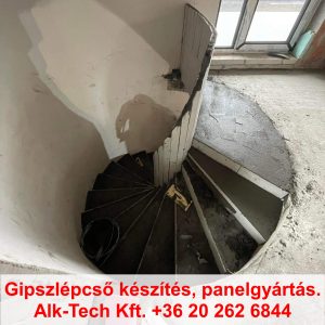 Szerkezetkész csigalépcső gipszlépcső panelből, íves kialakítással