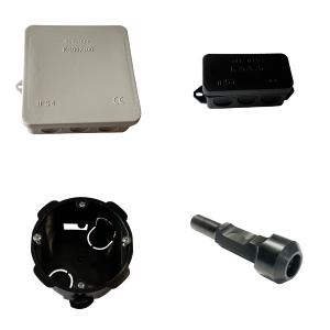 Szürke falonkívüli kötődoboz, fekete kötődoboz, gipszkarton süllyesztődoboz és földelőszonda leütő fej egy 4 képes kollázson.